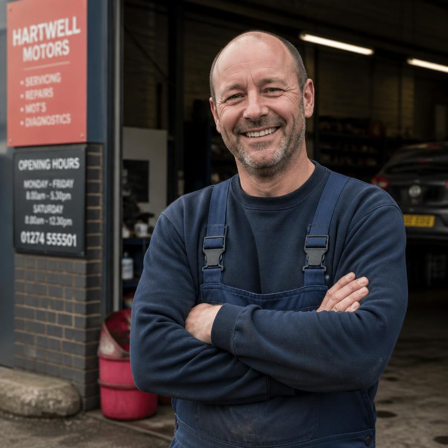 Independent garage owner outside his workshop