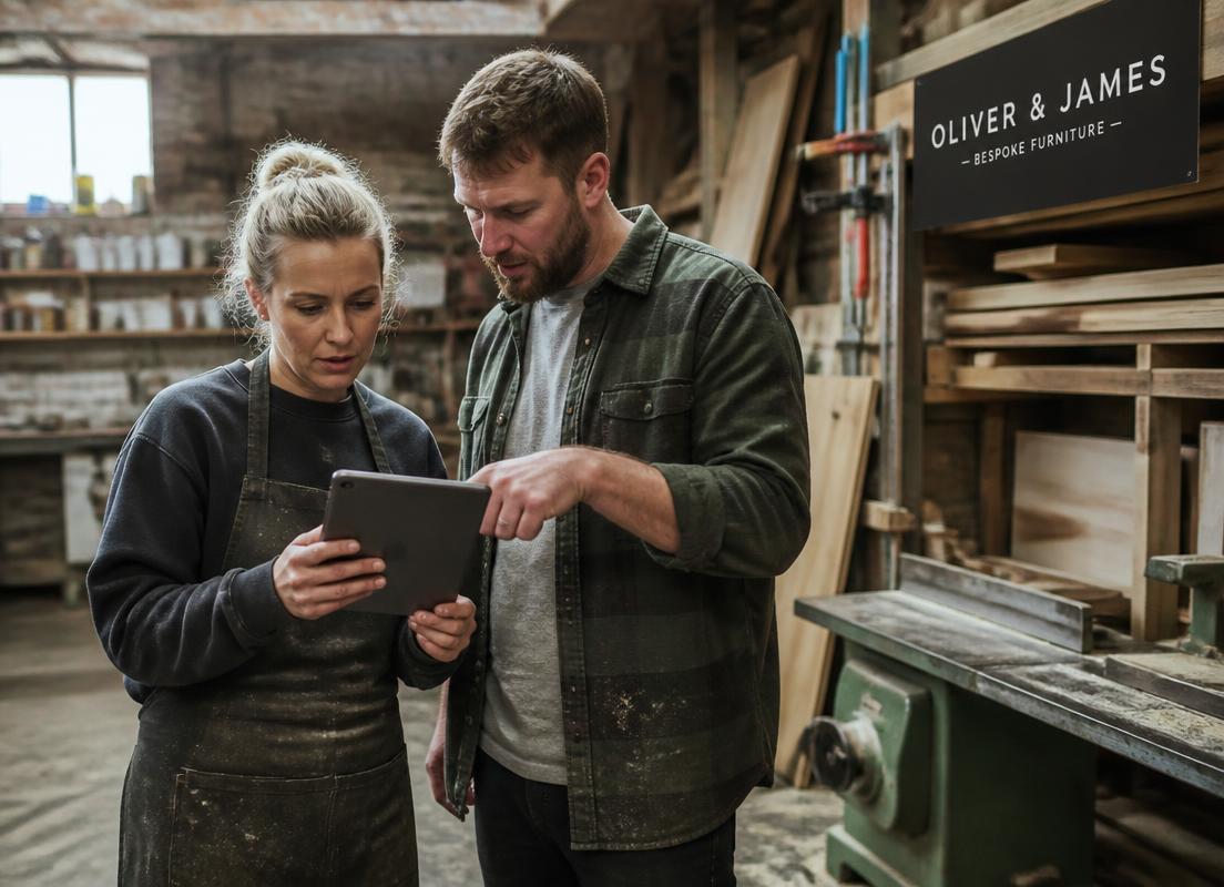 Two furniture makers checking an order in their workshop